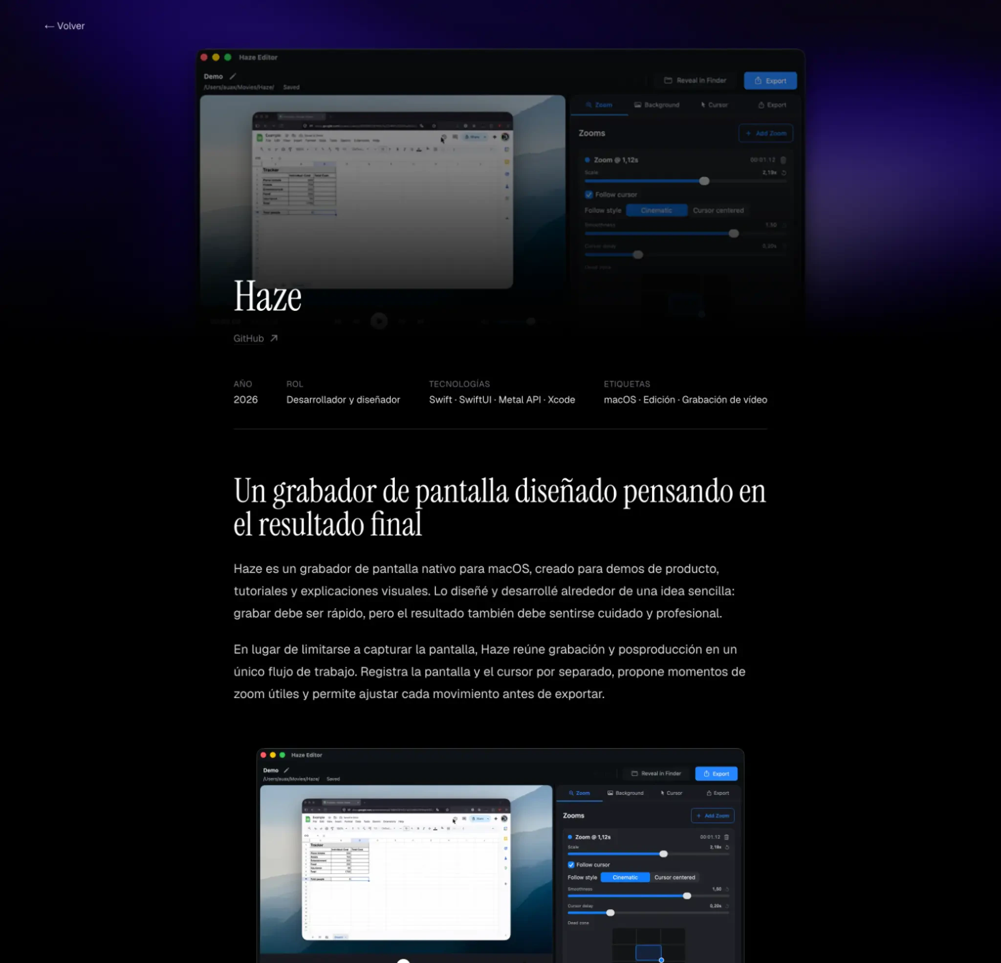 Detailed project page with its article