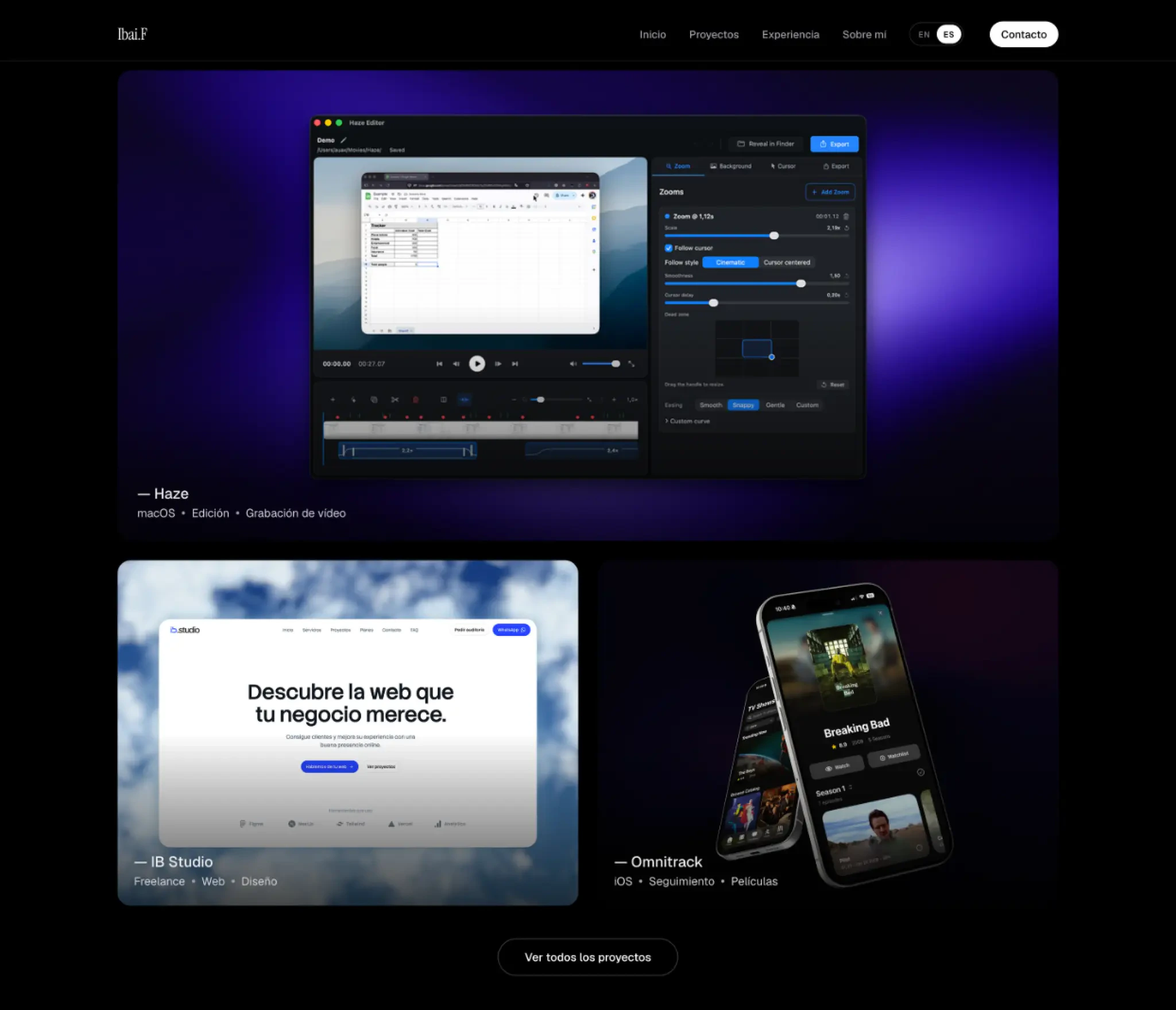 Desktop projects section of the portfolio