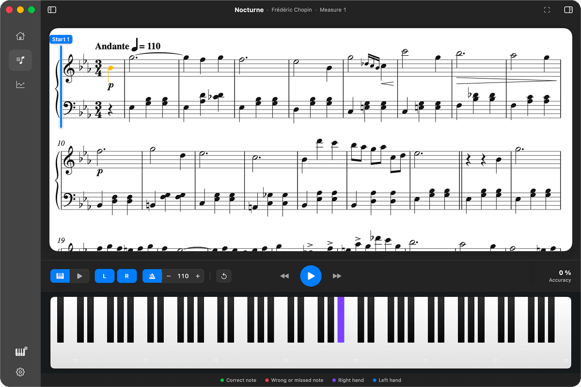 Tempo piano practice interface